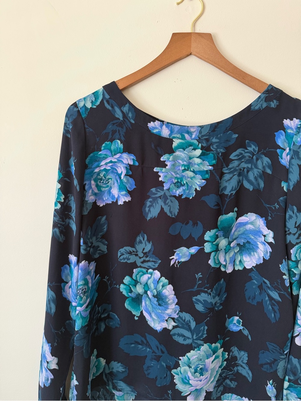 LOFT Floral Long-Sleeve Blouse - Navy with Teal & Lavender Flowers - Picture 2 of 7